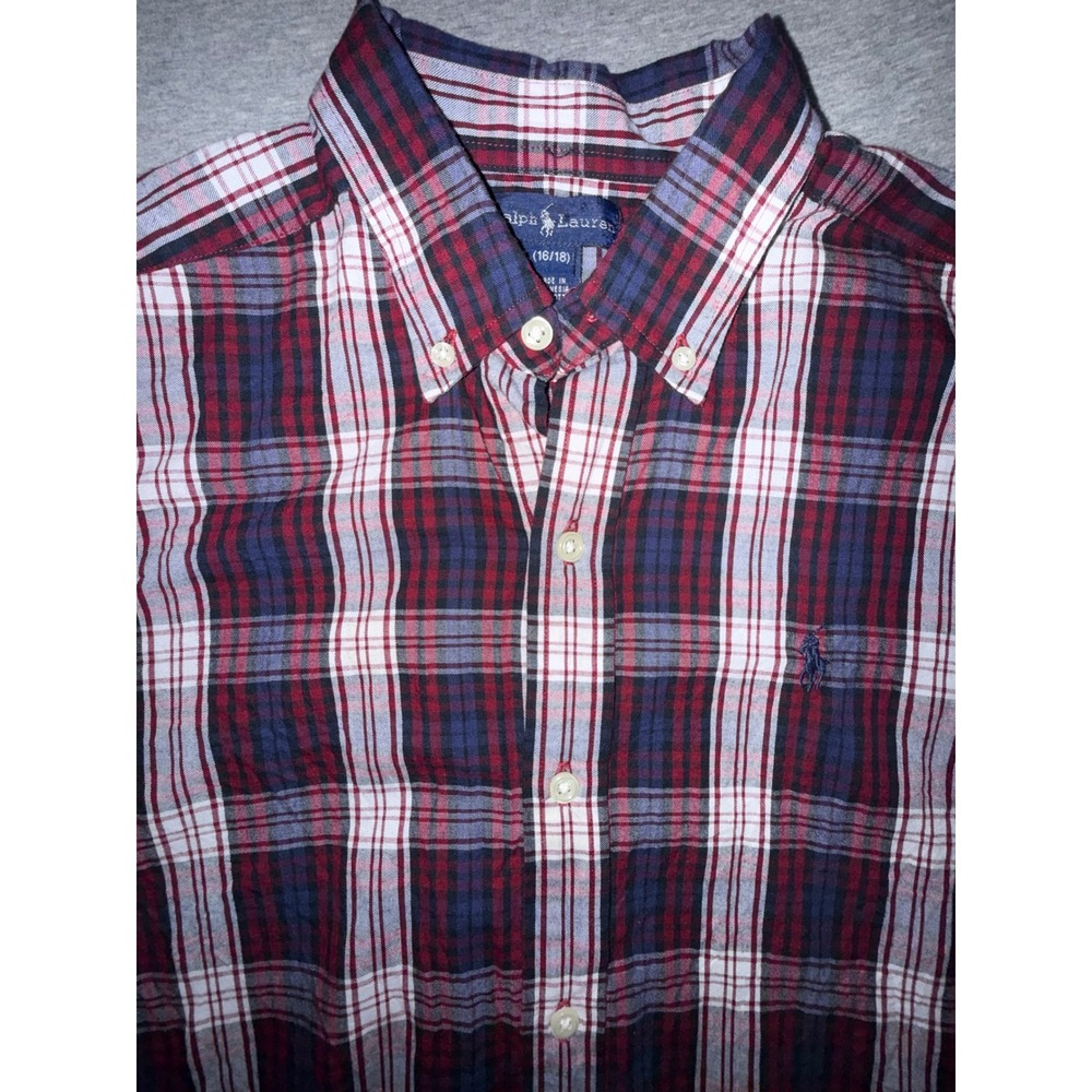 Ralph Lauren Boys Red Blue Plaid B
Shirt Size Large 16/18 Preppy Classic